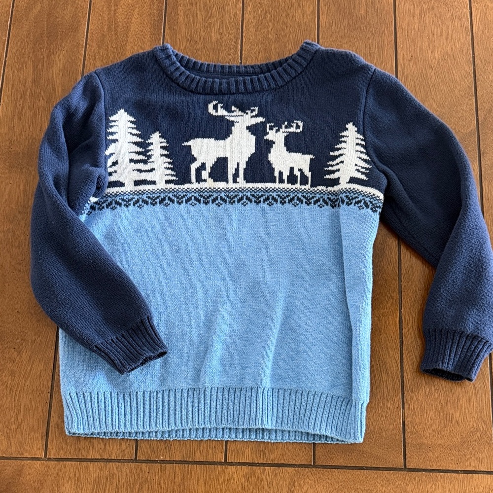 Janie and Jack Navy and Light Blue Kids Sweater with Deer Design